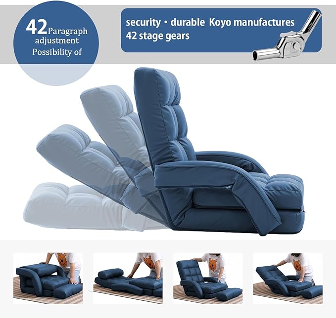FLOGUOR 14-Position Adjustable Floor Chair Chaise Lounge Indoor Folding Lazy Sofa with Armrests and a Pillow Padded Adults Gaming Chairs for Living Room Bedroom Factory Price8803 (Blue（PU）)