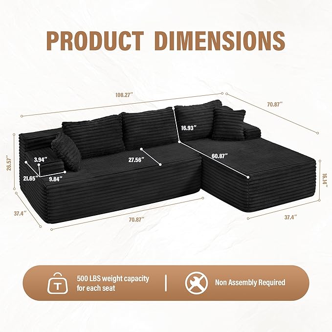 Hobestluk Modular Sectional Couch Sofa 108 Boneless Couches for Living Room Memory Foam Sectional Couch with Oversized ChaiseL-Shape Couches (Black Right Facing)