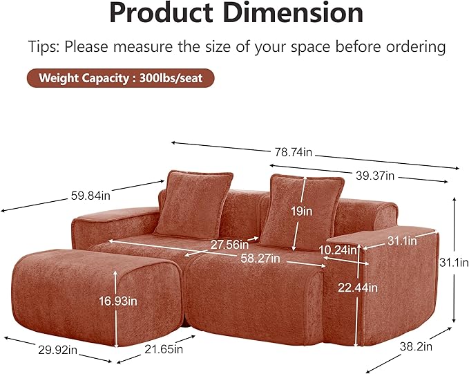 Casaphoria Red Modular Sofa 2 Seater L-Shaped Velvet Sectional with Ottoman &amp Detachable Pillows No Assembly French Piping Design 78.74 Inch Apartment Couch for Small Spaces