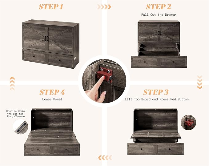AMERLIFE Queen Murphy Bed with Storage &amp Charging Station Farmhouse Murphy Cabinet with Foldable Panel Noisy Free for Living Room Guest Bedroom Office Rustic Grey