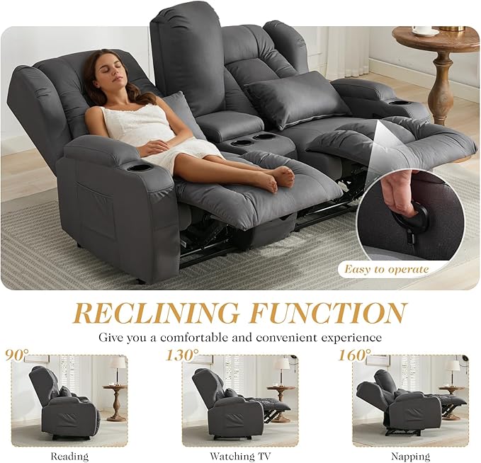 Loveseat Recliner SofaRV Wall Hugger Recliners for Small SpacesReclining Loveseat Sofa Recliner with Cup Holders/Lumbar PillowsRV Furniture (Gray Loveseat with Console)