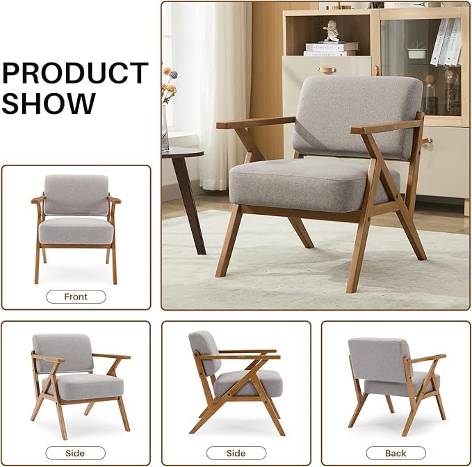 Ergonomic Mid-Century Modern Lounging Armchair | Solid Wood Frame &amp Plush Thickened Cushion | Versatile Seating for Living Room Reading Nook &amp Balcony Light Grey Linen