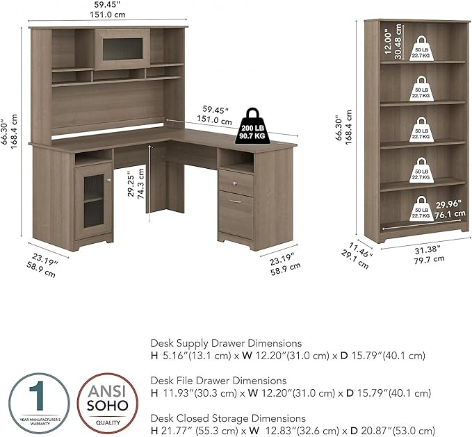 Bush Home Cabot 60W L Shaped Computer Desk with Hutch and 5 Shelf Bookcase in Ash Gray