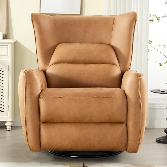 INZOY Power Swivel Rocker Recliner Glider Oversize Electric Swivel Rocker Recliners with Highly Enveloping Backrest Nursery Rocking Recliner Chair Fabric Reclining Sofa for Living Room Brown