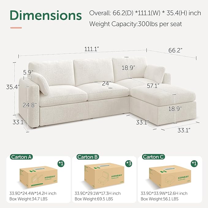 HONBAY Modular Sectional Couch with Storage Seats L Shaped Sectional Sofa with Storage Chenille Sectional Couches for Living Room Beige