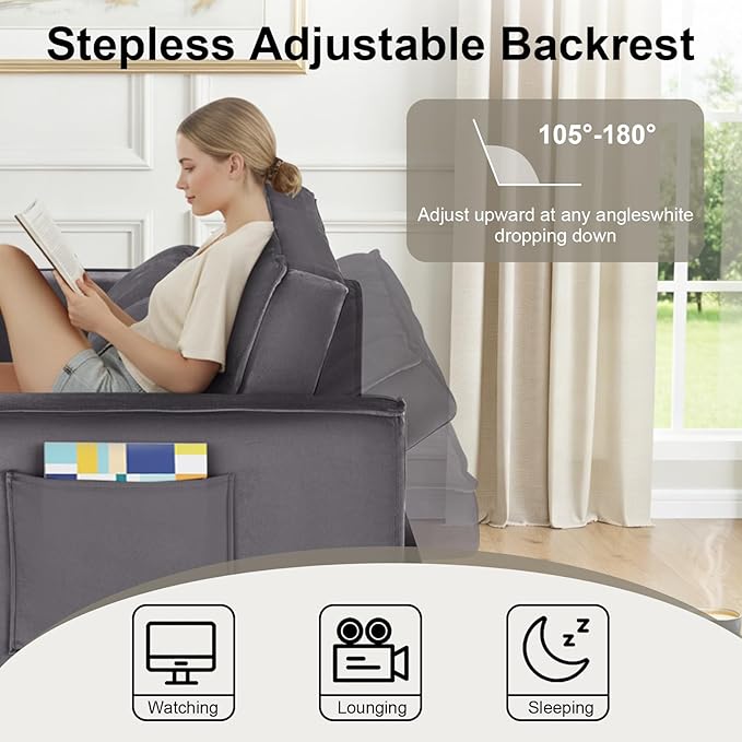 3-in-1 Convertible Sofa Bed 55'' Pull Out Couch Bed with Adjustable Backrest Velvet Fabric Sleeper Loveseat Sofa with Side Pocket Perfect for Living Room Easy Assembly(Gray)