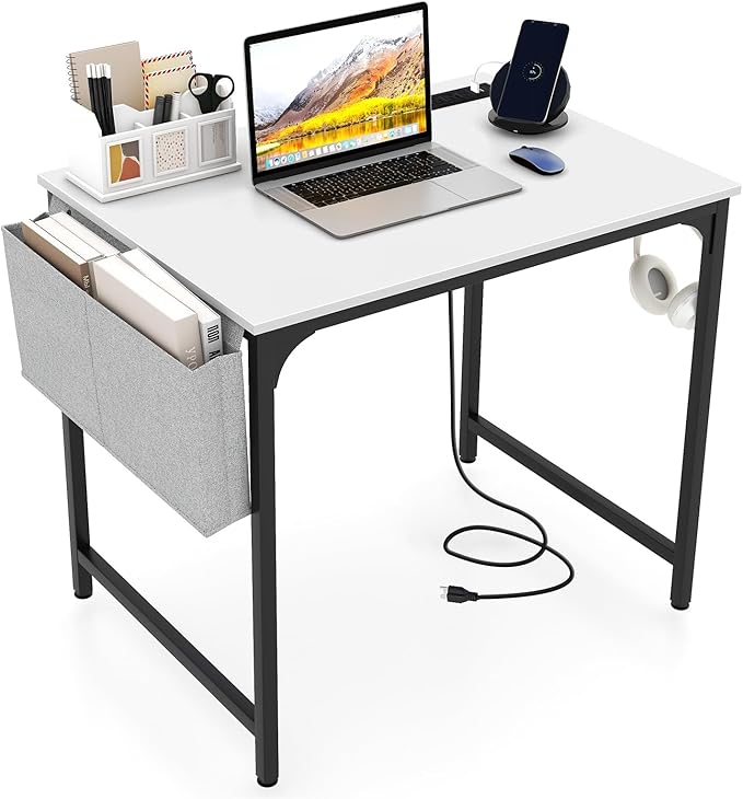 Giantex 32 Inch Computer Desk with Charging Station Home Office Writing Desk with Storage Bag &amp Headphone Hook Compact Gaming Table PC Workstation Modern Simple Laptop Desk for Bedroom Study