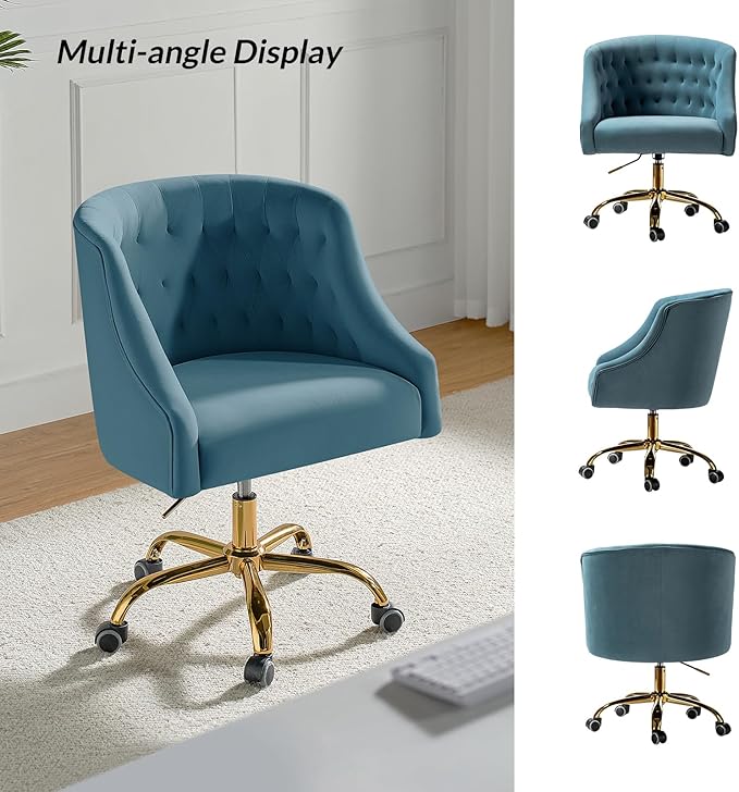 Velvet Home Office Chair with Gold Base Comfortable Modern Cute Desk Chair Height Adjustable Swivel Task Chair for Living Room Bedroom Vanity Study Blue
