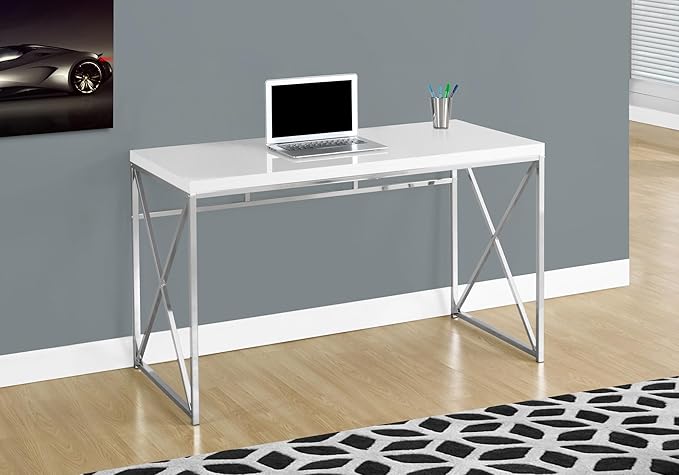 Monarch Specialties I 7205 Computer Desk Home Office Laptop Work Metal Laminate Glossy White Chrome Contemporary Modern