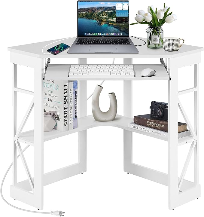 VECELO Corner Computer Desk 41x30 inches with Charging Station &amp Keyboard &amp Storage Shelves for Small SpaceTriangle Table for Home Office BedroomWhite