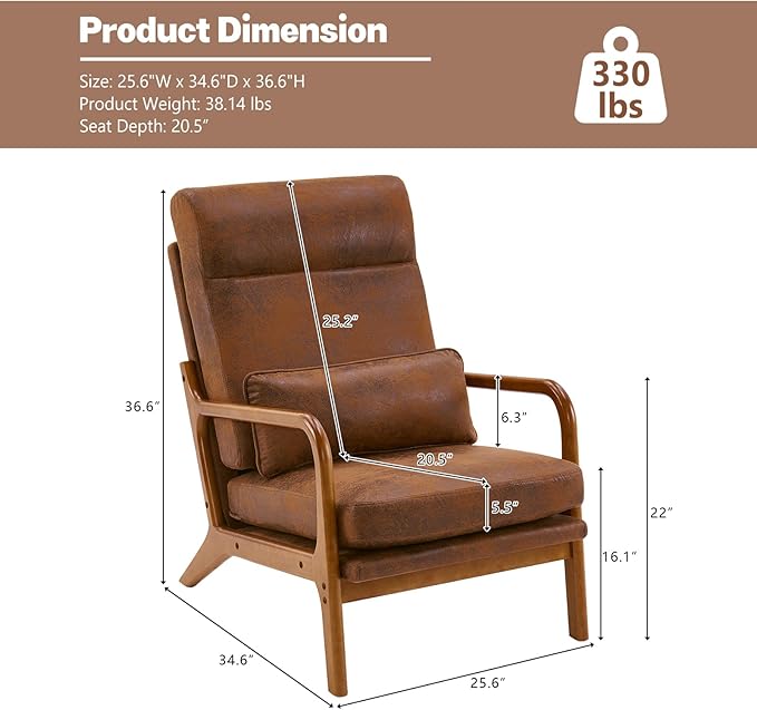 Hommoo Arm Chair Modern Accent Chair Comfy Linen Fabric Reading Chair High Back Leisure Chair with Wood Frame Accent Chair for Living Room Bedroom Balcony Set of 2 Brown