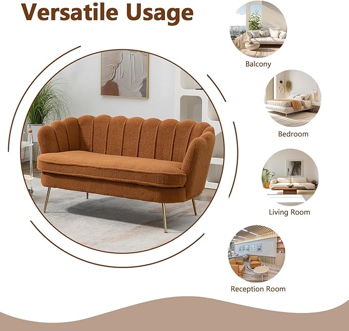 Anwick 59 Small Modern Chenille Loveseat Sofa 2-Seater Sofa with Gold Metal Legs Small Couch with Flower Shaped Back for Living Room Bedroom Office (Caramel)