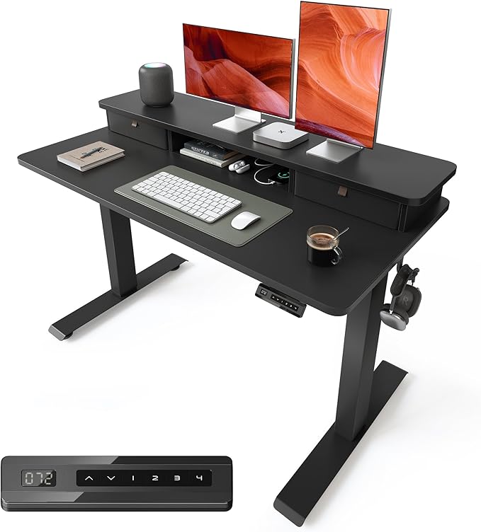 BANTI 48x24 Inch Electric Height Adjustable Standing Desk Home Office Computer Desk with Double Storage Drawers 4 Adjustable Feet &amp 2 Hooks Black