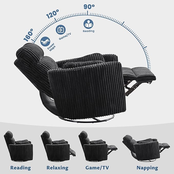 GRAINELL Oversize Power Swivel Recliner 40in Wide Electric Glider Rocking Chair with Headrest Adjustment USB Port 270° Swivel Rock 30° – for Living Room Nursery Black (5 7' to 6 1' Height)