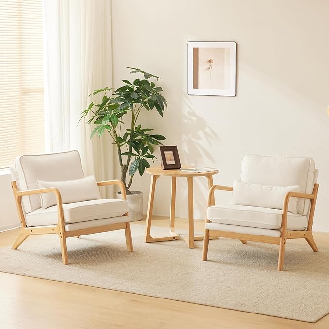 Karl home Accent Chair Mid-Century Modern Chair with Pillow Upholstered Lounge Arm Chair with Solid Wood Frame &amp Soft Cushion for Living Room Bedroom Balcony Linen White (Low Back)
