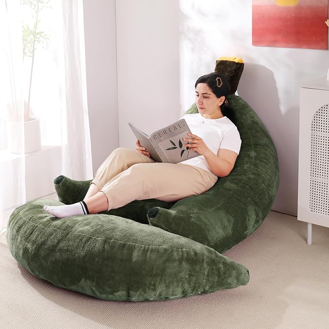 Banana Bean Bag Chair with Ottoman Floor Sofa Bed with Footrest Comfy Convertible Lounger for Adults Plush Couch for Bedroom Living Room or Dorm L-DarkGreen