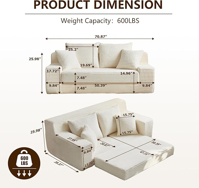 70.9'' Loveseat Sofa 2 Seater Flannel Fabric Loveseat Couches Comfy Upholstered Modern Leisure Love Seat Couch with 2 Pillow Convertible Sofa Bed for Bedroom Office Living Room