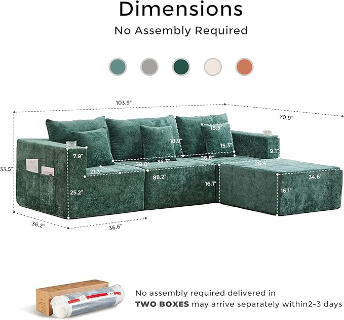WELAX 104 Modular Sectional Couches for Living Room Boneless Couch L-Shape with Cup Holders &amp Pillows Modern Chenille Cloud Sofa 4 Seater Home Comfy Sofas for Bedroom Green
