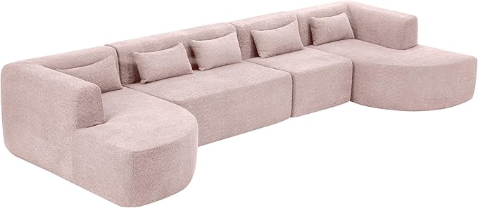Modern 143.7 Upholstered Sectional SofaFree-Combined Sofa Couch with Two Chaise Lounge and Five Back Pillowsfor Living Room Bedroom (Pink#4)