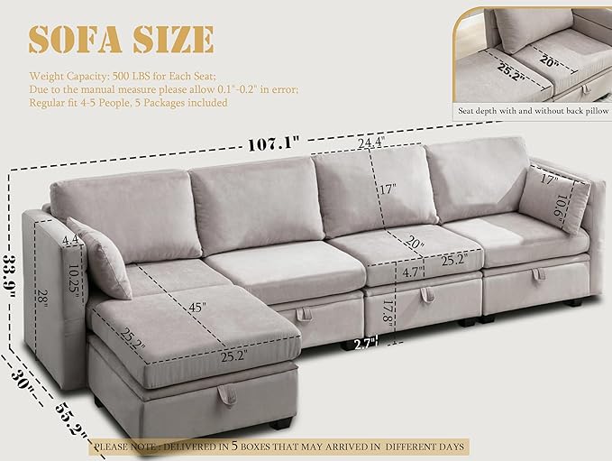 107 Modular Sectional Couch with Storage Seats 4 Seater L Shaped Couch with Ottoman Convertible Small Storage Sofa with Reclining Arms and Backs for Living Room Apartment Office Loft(Gray)