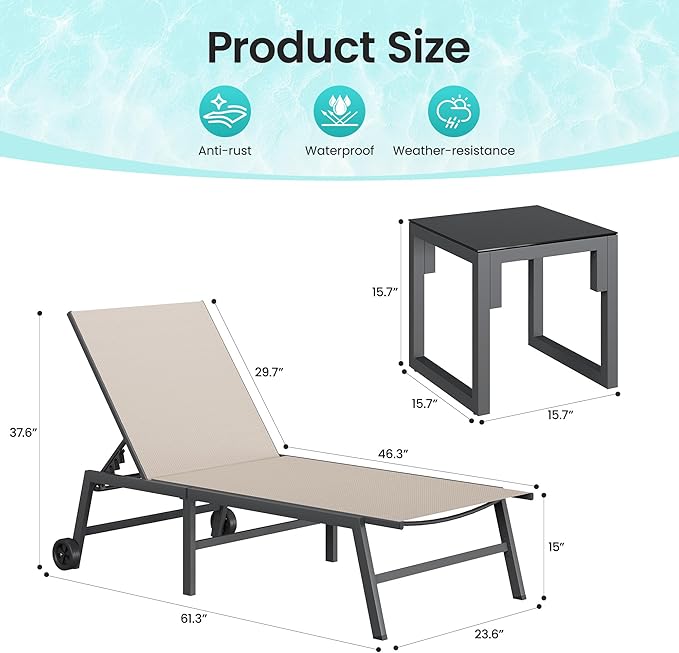 Amopatio 3 Piece Patio Lounge Chairs Set 2 Pool Chaise Lounges with Wheels and 1 Side Table 5-Position Adjustable Lounge Furniture with Heavy-Duty Steel for Backyard Poolside400 LBS Capacity Khaki