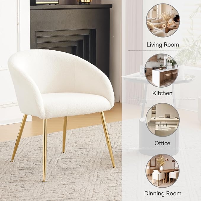 Modern Small Accent Chair Set of 4 Comfy Sherpa Makeup Vanity Chair with Golden Metal Legs Decorative Dining Chair no Wheels for Living Room Dressing Room Bedroom White