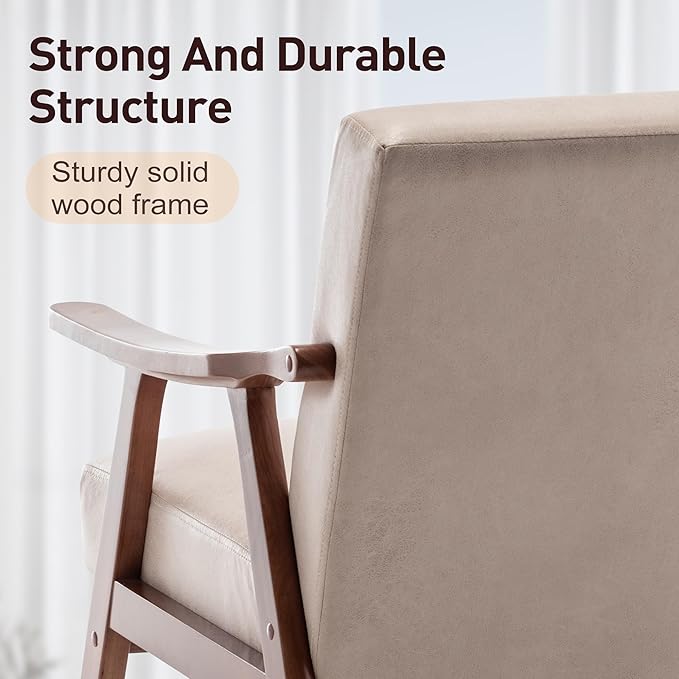extrasleep Living Room Chair with Solid Wood Frame Mid Century Modern Chairs Beige Accent Chair Extra-Thick Backrest Wingback Chairs for Bedroom Reading Room Living Room Lounge Recliner Indoor