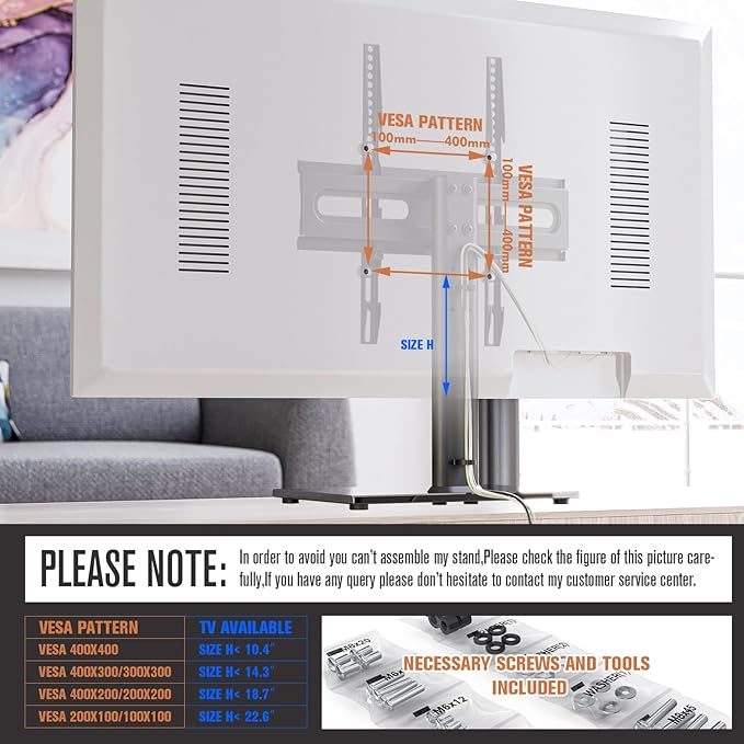 Universal Swivel TV Stand - Table Top TV Stand for 27-60 inch LCD LED TVs - Height Adjustable TV Base Stand with Tempered Glass Base &amp Wire Management VESA 400x400mm HT06B-002