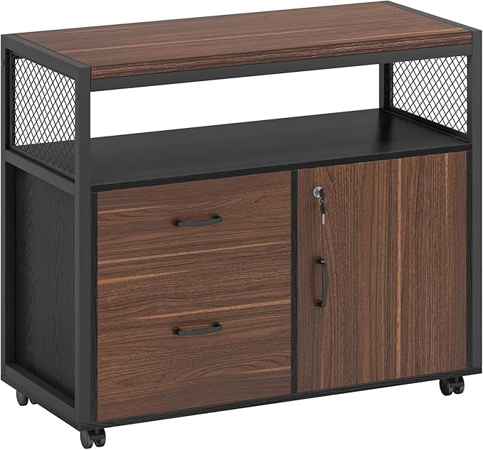 Tribesigns Modern File Cabinet with Drawers for Letter-Sized File and Door Lockable lateral Filing Cabinet Printer Stand with Storage Shelves and with Rolling Caster for Home Office (Dark Walnut)
