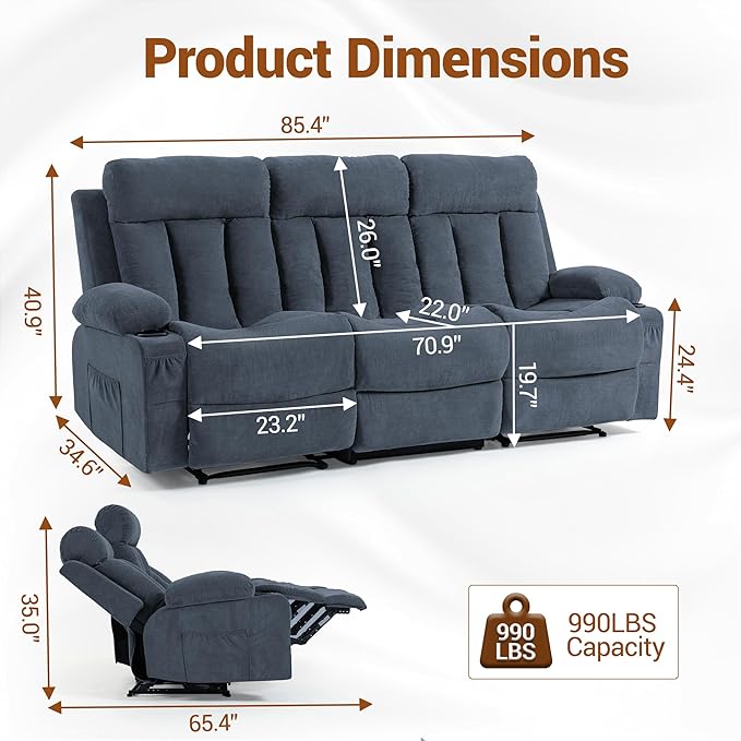 3 Seater Reclining Sofa Couch with Cup Holders Comfy Triple Manual Fabric Recliner Chair for Living Room Home Theater Office Blue