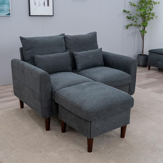 Panana Convertible Sectional Sofa CouchL-Shaped 2 or 3-Seat Sofa Sectional with Reversible Ottoman for Small Living Room Apartment (Gray Linen Fabric 2 Seater with Ottoman - Curved arms)