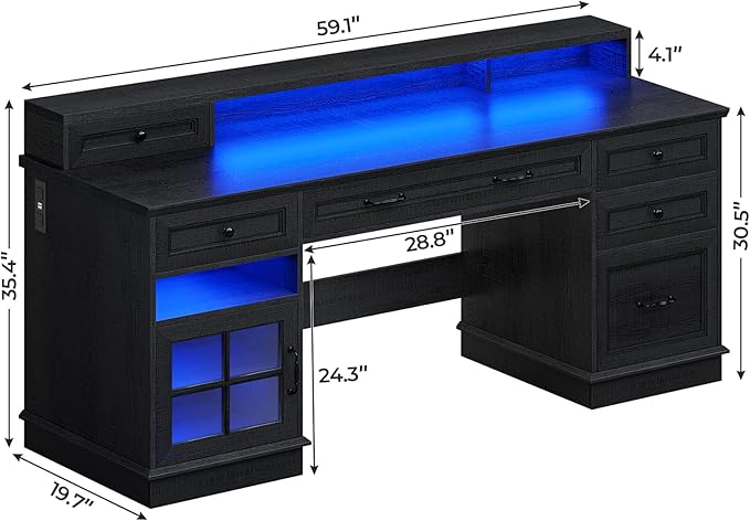 BTHFST 59.1 Executive Desk with File Drawer Home Office Desk with Charging Station &amp LED Lights Computer Desk with Drawers &amp Storage Cabinet Executive Office Desk with Monitor Stand Black
