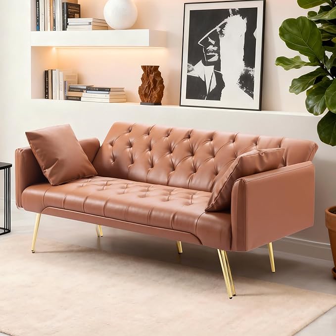 Anwick 72 Modern PU Leather Sofa Bed FutonConvertible Folding Sleeper Bed Couches with 3 Adjustable BackrestsTufted Recliner Loveseat with Golden Chrome Legs for Small Living Room Office (Brown)