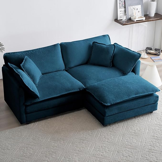 76.7 L-Shaped Modular Sectional Sofa 2 Seater Chenille Loveseat with Ottoman Blue Deep Seat Cloud Couch for Small Living Room Apartment Easy Assembly &amp Clean Flexible Combination