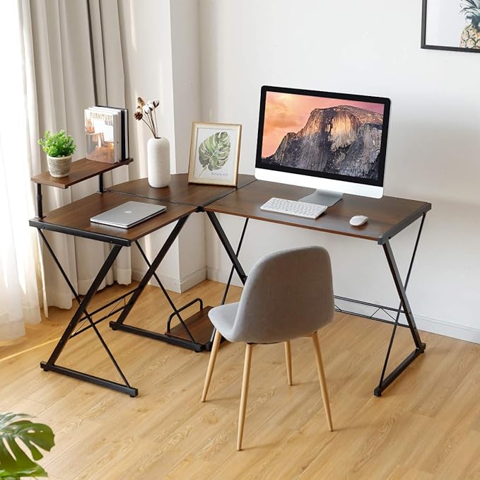 Tangkula L-Shaped Computer Desk 58 Inches Corner Computer Desk with Movable Shelf &amp CPU Stand Space Saving Computer Workstation Home Office Desk (Brown)