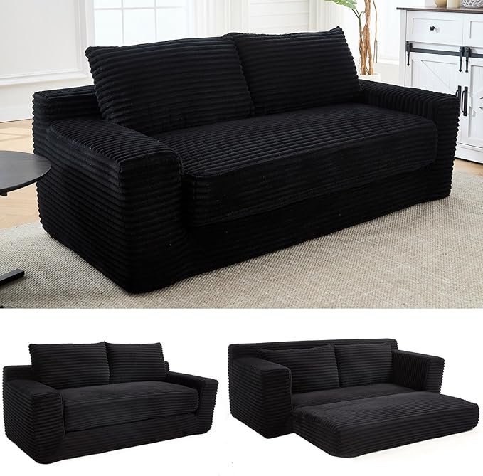 Black Cloud Couch 72 Chenille Loveseat Sofa 2-in-1 Floor Folding Sofa Bed Modern Comfy Sofa with 26 Deep Seat Soft Cushions for Living Room Apartment Office (Black)