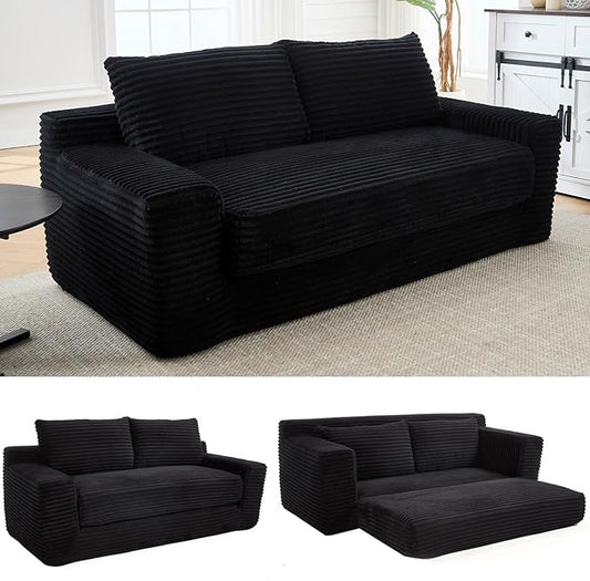 Black Cloud Couch 72 Chenille Loveseat Sofa 2-in-1 Floor Folding Sofa Bed Modern Comfy Sofa with 26 Deep Seat Soft Cushions for Living Room Apartment Office (Black)