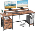 Furologee 55 Computer Desk with File Cabinet and Power Outlets Home Office Desk with 2 Movable Monitor Stands and Storage Drawer Writing Table with Shelves and 2 Hooks for Bedroom Rustic Brown
