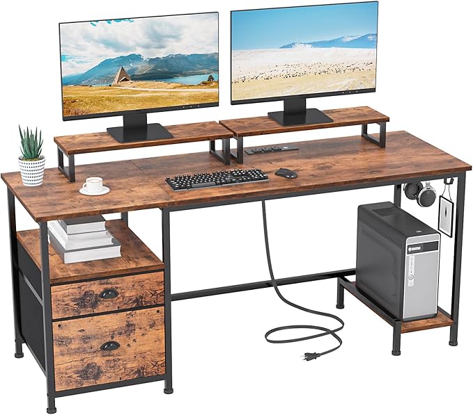 Furologee 55 Computer Desk with File Cabinet and Power Outlets Home Office Desk with 2 Movable Monitor Stands and Storage Drawer Writing Table with Shelves and 2 Hooks for Bedroom Rustic Brown