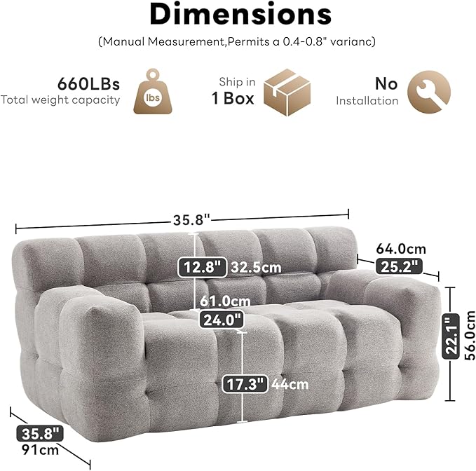 Tbfit Boneless Loveseat SofaComfy Tufted Cloud Couch Modern Living Room Floor Sofa Chair Chenille Grey