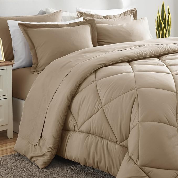 CozyLux Full Size Comforter Sets Taupe - 7 Pieces Bed in a Bag Full Luxury Soft Bed Set for All Seasons Bedding Set with Down Alternative Comforter Sheets Pillowcases &amp Shams
