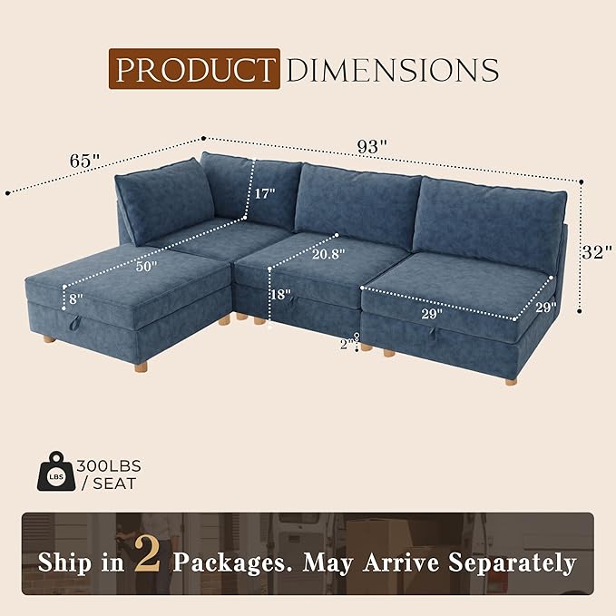 93'' Modular Sectional SofaFSC Certified 4 Seater Sectional SofaChenille Couch with Removable Washable CoversModern Couch with OttomanU Shaped Couch with StorageBlue Couches for Living Room