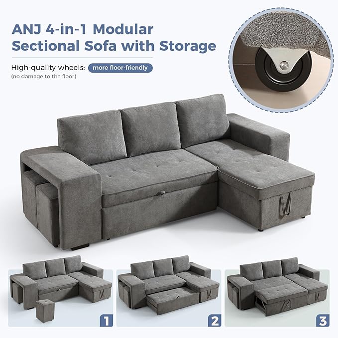 ANJ L Shaped Sectional Sleeper Sofa with Pull Out Bed and Storage 4-in-1 Convertible Couch with Hidden Ottoman and Arm Storage Easy Assembly Modular Sofa Bed for Living Room Grey