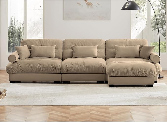 Velvet Modular Sectional Sofa3-Seater Cloud Couch with OttomanPillows and High Density Memory Foam for Living Room Home TheaterApartment（Camel）