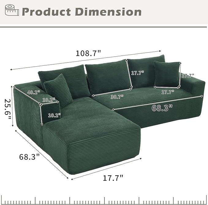 108.3 Modular Sectional Sofa Couches for Living Room Modern Boneless Couch Cloud Foam Floor Upholstered Sofa with Chaise L-Shape Couch for Bedroom Left Facing Chaise Green