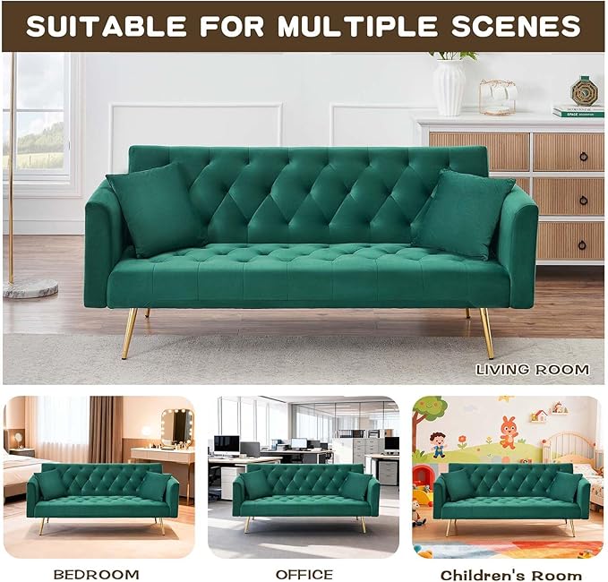 71Convertible Futon Sofa Bed - Modern Velvet Sleeper Couch with Adjustable Backrest Tufted Recliner with Golden Chrome Legs &amp 2 Pillows Perfect for Small Spaces Living Room &amp Apartment (Gr