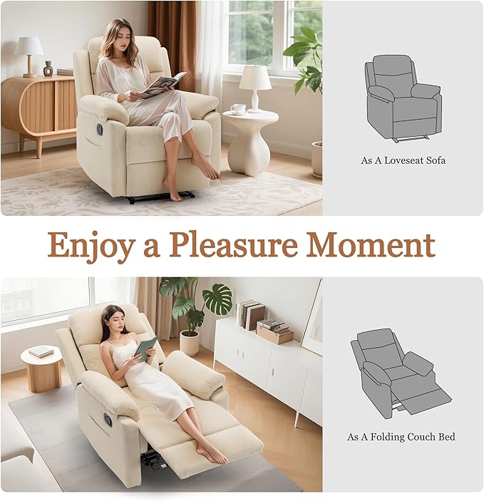 Recliner Chair Small Recliners for Small Spaces Upholstered Manual Recliner with Side Pockets Comfy Corduroy Chairs for Living Room Bedroom Reading Beige