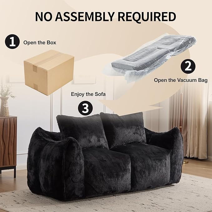 75 Inch Loveseat Bean Bag Couch for Adults Oversized Compressed Boneless Sofa Couch in a Box for Living Room Bedroom Apartment Soft FluffyNo Assembly (Black)