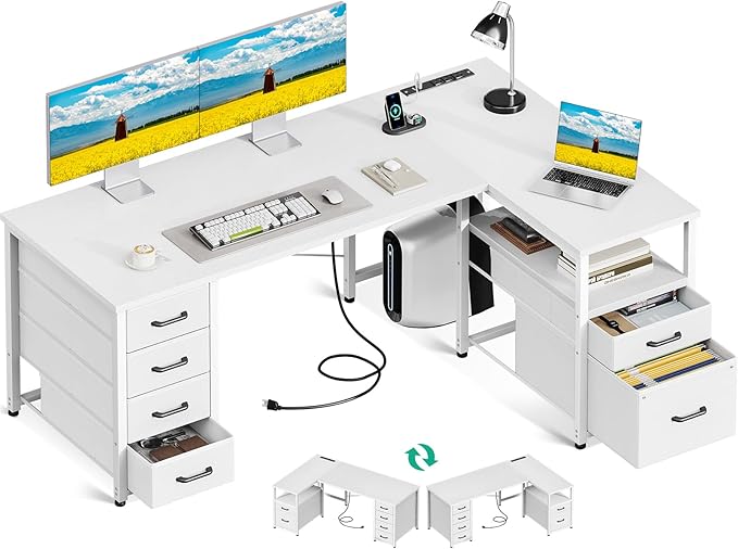 Coleshome L Shaped Computer Desk with 6 Drawers &amp Power Outlet 55 Inch Corner Desk with Reversible Storage Shelf &amp File Drawer Home Office Desk White