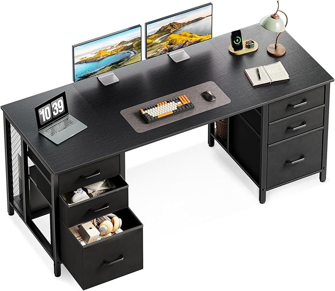 ODK 63 Inch Office Desk with 6 Fabric Drawers Large Computer Desk for Home Office with Hidden Storage Shelves Black
